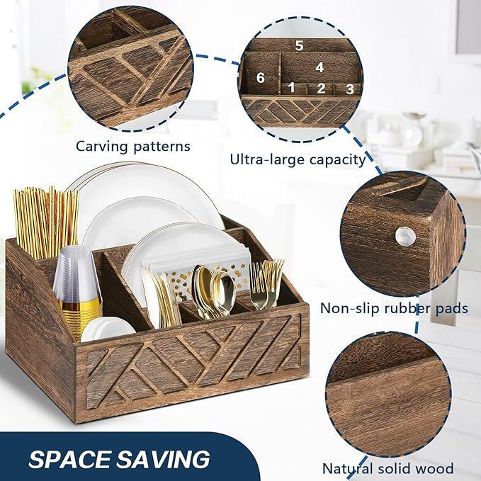 Ukonvi Paper Plate Dispenser, Paper Plate Holder for Kitchen Counter, Wood Rustic Silverware Utensil Caddy, Cutlery Flatware Organizer Box for Cups Spoons Forks Plates Napkins, Kitchen Accessories