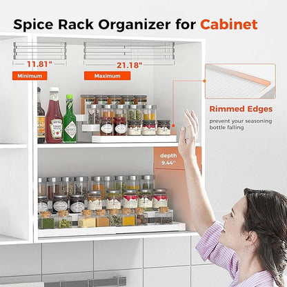 Expandable Spice Rack Organizer for Cabinet - 3 Tier Adjustable Cabinet Spice Organizer Easy Visibility - Spice Organizer for Cabinet Countertop Cupboard Pantry Organization (White)