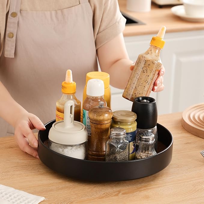 Non-Slip Rotating Lazy Susan Turntable, 360-Degree Swivel, Black with Textured Surface (Black, 10 inches)
