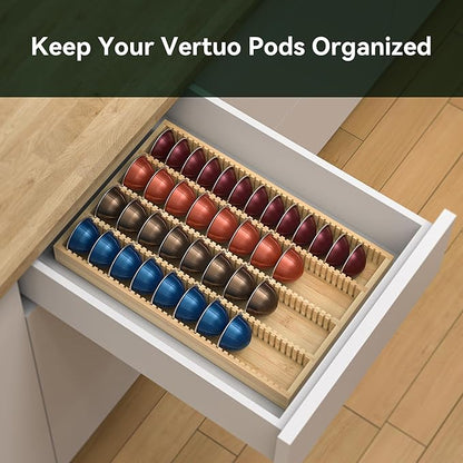 for Nespresso Vertuo Capsules - Premium Bamboo Coffee Pod Drawer Insert Organizer for Counter 15"Dx10"Wx1.5"H (40 Big or 52 Small pods)