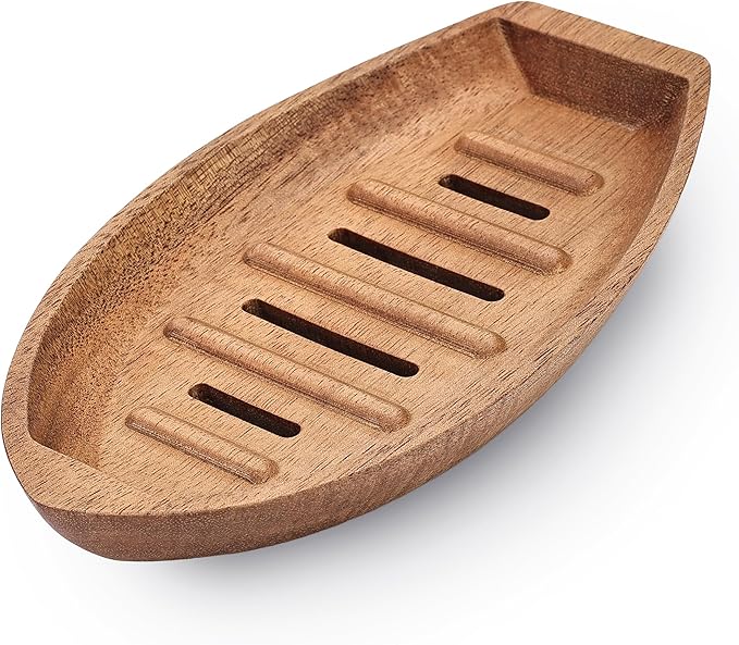 Acacia Wooden Soap Dish with Self Draining, Funny and Modern Multi Shape Design, Soap Holder for Sink Countertop, Shower & Bathroom Soap Tray。 (Boat-5.9"x3.74"x0.86")