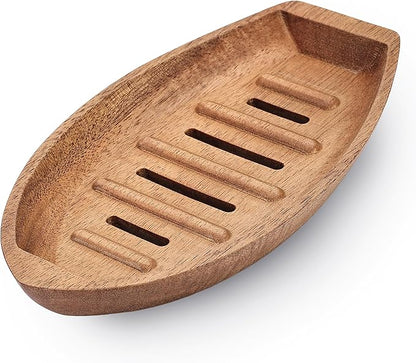 Acacia Wooden Soap Dish with Self Draining, Funny and Modern Multi Shape Design, Soap Holder for Sink Countertop, Shower & Bathroom Soap Tray。 (Boat-5.9"x3.74"x0.86")