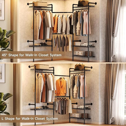 Wall Mounted Garment Rack, Walk-in Closet System with Expandable Rods, Adjustable Shelves, Industrial Pipe Clothing Racks, Hanging Clothes Organizers and Storage, Metal Closet Shelving Wardrobe