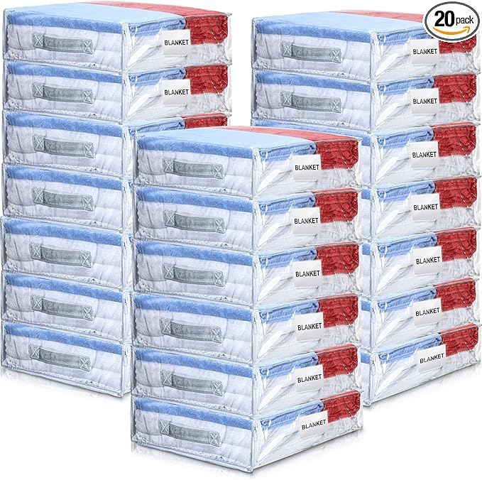 Kenning 20 Pcs Clear Zippered Storage Bags for Sheet Plastic Sweater Bag with Handle and Label Pocket Vinyl Stackable Closet Organizer Moving Bag for Bed Blanket Clothes Pillow(White,18 x 15 x 4 Inch)