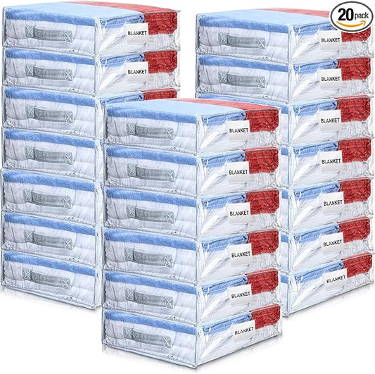 Kenning 20 Pcs Clear Zippered Storage Bags for Sheet Plastic Sweater Bag with Handle and Label Pocket Vinyl Stackable Closet Organizer Moving Bag for Bed Blanket Clothes Pillow(White,18 x 15 x 4 Inch)