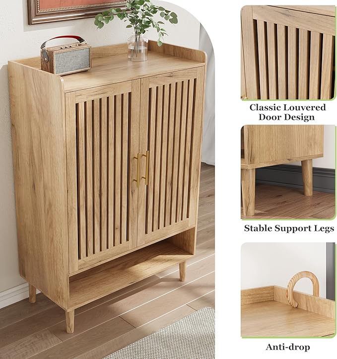 Shoe Cabinet, Large 6-Tier Shoe Storage Cabinet with Louvered 2 Doors, 44" Tall Freestanding Entryway Shoe Cabinet with Adjustable Shelves, Modern Shoe Organizer Cabinet, Shoe Rack Cabinet (Oak)