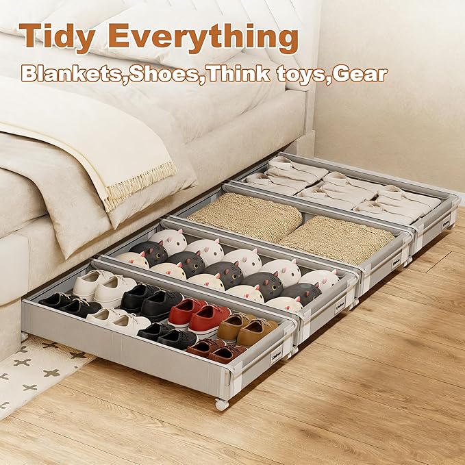 2Pack Under Bed Storage with Wheels,5.2"-6.5" Adjustable Height Underbed Storage,Low Profile Under Bed shoe Storage,Rolling Under Bed Clothes Storage,Shallow Under Bed Drawers for Blankets,Toys