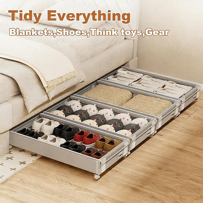 2Pack Under Bed Storage with Wheels,5.2"-6.5" Adjustable Height Underbed Storage,Low Profile Under Bed shoe Storage,Rolling Under Bed Clothes Storage,Shallow Under Bed Drawers for Blankets,Toys