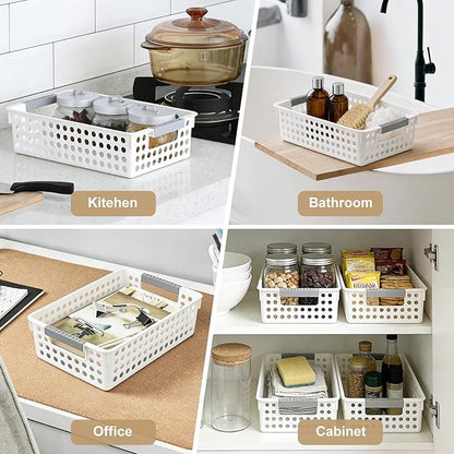 Soddeph 4 Pack Small Plastic Storage Baskets for Organizing, Stackable Bins with Handles for Shelves, Multipurpose Drawer Trays (White)