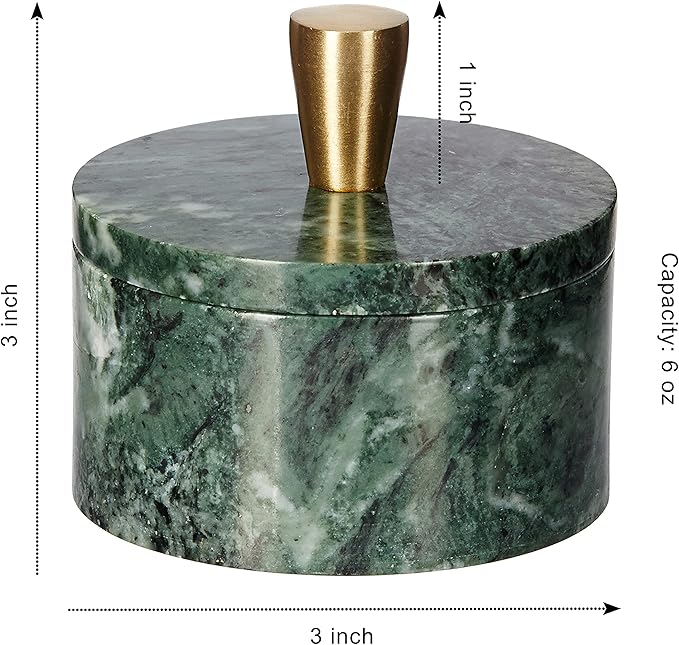 Queenza Green Marble Salt Cellar with Lid & Brass Knob - Natural Marble Spice Container for Kitchen Countertop, Gourmet Salt Holder, Small Decorative Storage Box, Gift for Home Chef