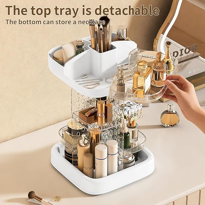 360 Rotating Makeup Organizer for Vanity & Countertop, Clear Adjustable Height Tiered Cosmetic and Skincare Storage, Spinning Perfume and Brush Holder, Jewelry Accessories Desktop Organizer, White