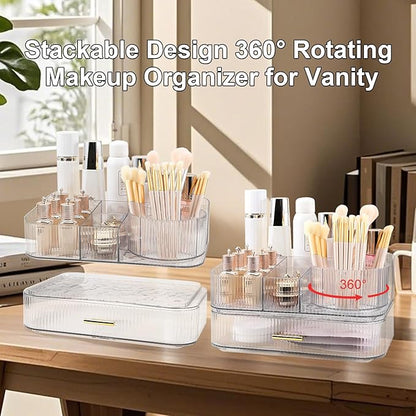 DASITON Makeup Organizer with Drawers and Rotating Makeup Brush Holder,Large Capacity Stackable Cosmetic Organizer Countertop,Bathroom Organizers and Storage,Make up Organizers for Vanity (Clear 02)