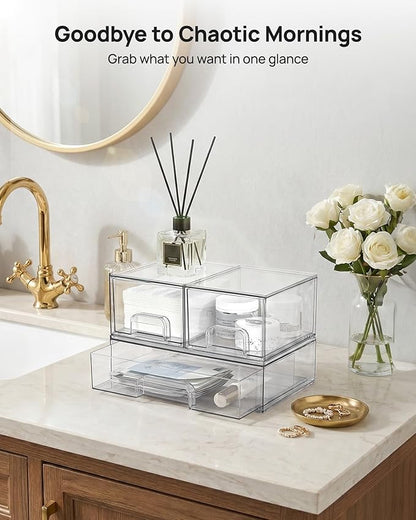 Vtopmart Stackable Storage Drawers Set of 4, Clear Plastic Organizer Bins for Bathroom Supplies,Ideal for Cabinet,Pantry,Laundry Room Organization