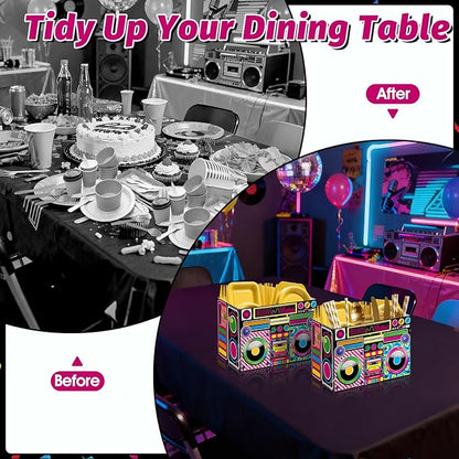2PCS Boom Box Utensil Holder Retro Radio Utensil Caddy for 80s 90s Party Decorations Paper Cutlery Holder with Handles for Hip Hop Birthday Party Supplies Disposable 1980s 1990s Disco Cutlery Caddy