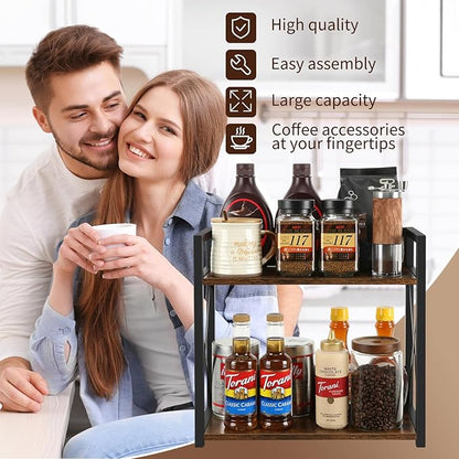 YINMIT Countertop Shelf Organizer,Coffee Bar Accessories,Spice Rack,Coffee Counter Shelf,2 Tier Coffee Organizer Station for Mugs,Cups,Cream,Syrup(Rustic Brown,Large)