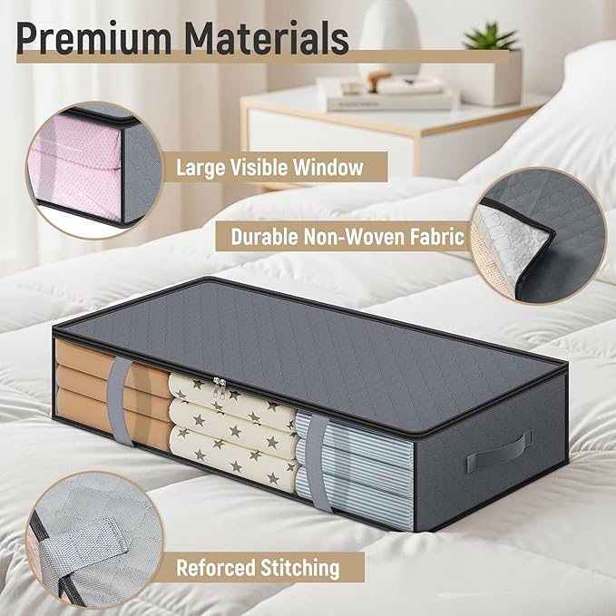 LANDNEOO 4 Pack 90L Under Bed Storage Containers - Underbed Storage for Clothes, Blankets - Closet Organizers and Storage Bags - Under the Bed Storage Bins with Handles & Clear Front
