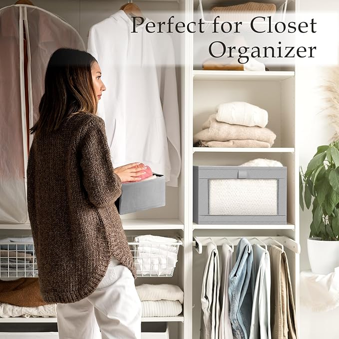 Criusia 4 Pack Linen Closet Organizers and Storage, Closet organizer Large Linen Closet Baskets for Organization, Foldable Storage Containers for Towels, Clothing, Jeans, Books, Shelves,Grey