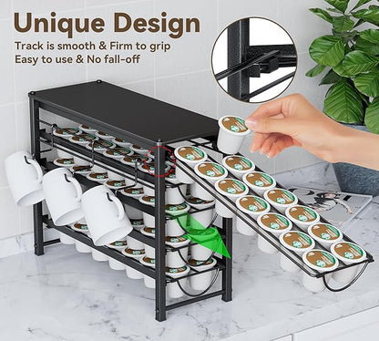 HFHOME Coffee Pod Holder For Counter, Pod Holder for K-cups, 5-tier Metal Coffee Capsule Storage Drawer, 70 Capacity Pods Organizer for Cafe Counter, Home, Office or Kitchen,3 cup rack, Black
