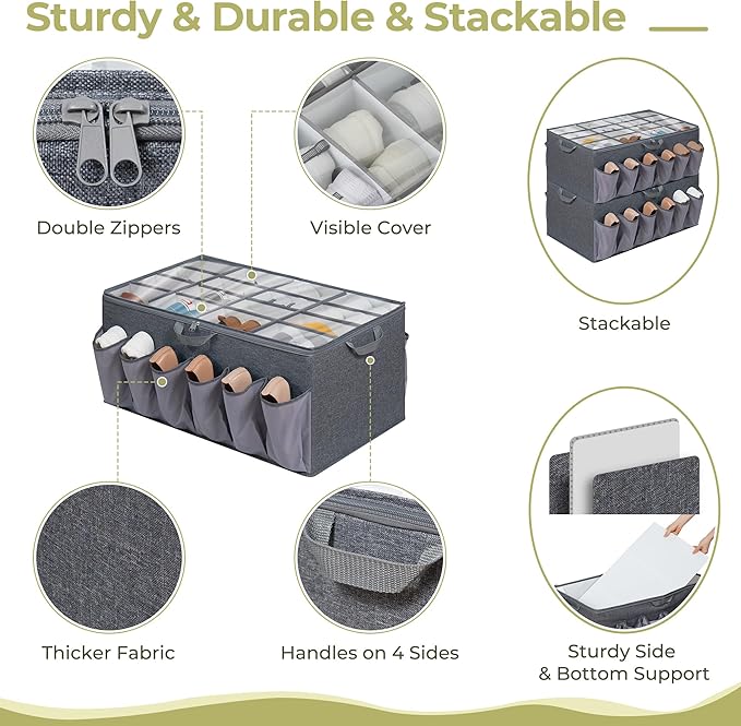 Extra Large Shoe Organizer for Closet, Fits up to 28 Pairs, Fabric Shoe Box Storage Containers with Adjustable Dividers and Clear Cover, Grey, 1 Pack