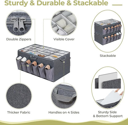 Extra Large Shoe Organizer for Closet, Fits up to 28 Pairs, Fabric Shoe Box Storage Containers with Adjustable Dividers and Clear Cover, Grey, 1 Pack