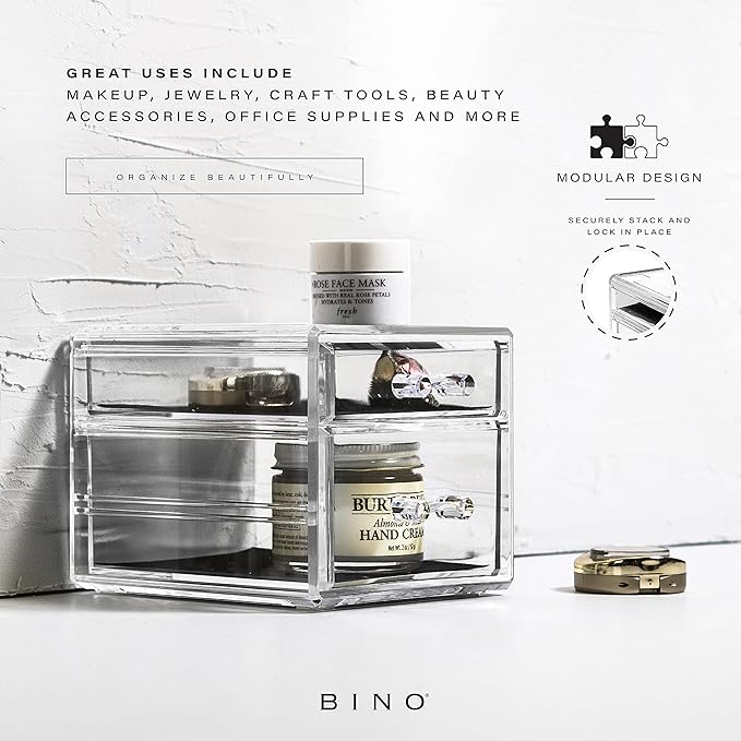 BINO THE MANHATTAN SERIES Acrylic Makeup Drawer Organizer- 2 Drawer Small | Clear Beauty Organizers and Storage| Cosmetic & Makeup Drawer| Home Organization| Jewelry & Vanity Accessories Drawer