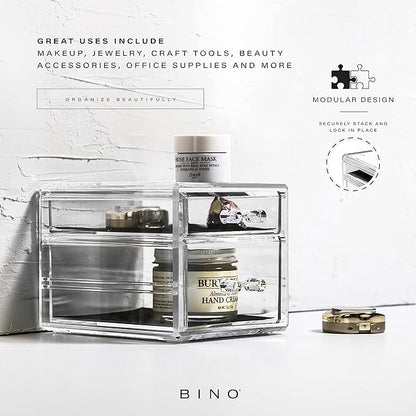 BINO THE MANHATTAN SERIES Acrylic Makeup Drawer Organizer- 2 Drawer Small | Clear Beauty Organizers and Storage| Cosmetic & Makeup Drawer| Home Organization| Jewelry & Vanity Accessories Drawer