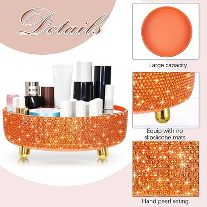 Honeydak Orange Bling Perfume Makeup Organizer Bling Mother's Day Nurses Day Gifts for Women Bathroom Organizers and Storage 360 Rotating Makeup Organizer for Countertop(Resin Stone)