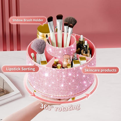 fanado Bling Diamond Makeup Brush Holder, 360° Rotating Makeup Organizer, 5 Slot Make up Brushes Cup for Countertop, Storage for Cosmetics Pen Eyeliner Skincare on the Vanity (Diamond Pink)