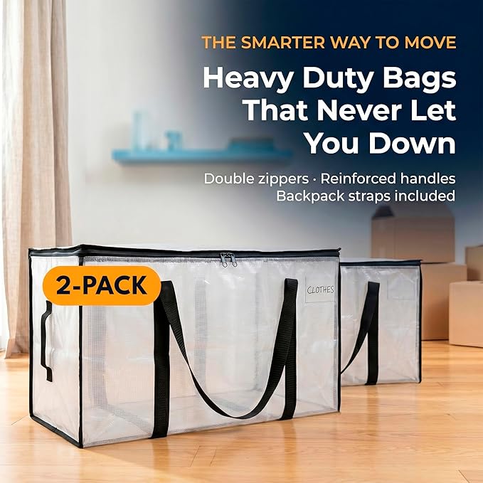 ClearSpace Oversized Moving Bags or Storage Bag – Large Moving Boxes with Backpack Straps, Zippers & Handles – Heavy-Duty Packing Bags for Moving, College Dorm, Christmas Decorations, 2 Pack