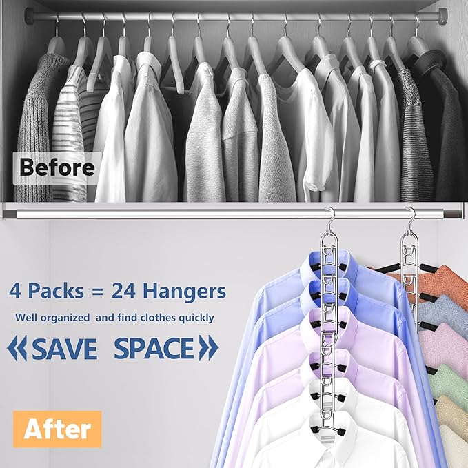 Clothes Hangers Space Saving, Newly Upgraded Detachable Shirt Hangers, 6-Tier Foldable Coat Hanger with 360° Swivel Hook for Closet Organizers and Storage Shirt,Sweater,Suit - 4 Pack, Patent Pending