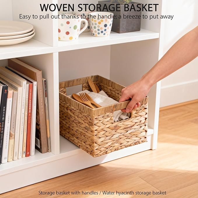 Storage Baskets,Woven Natural Water hyacinth Box with Handle,Kingwillow.(Set of 3)