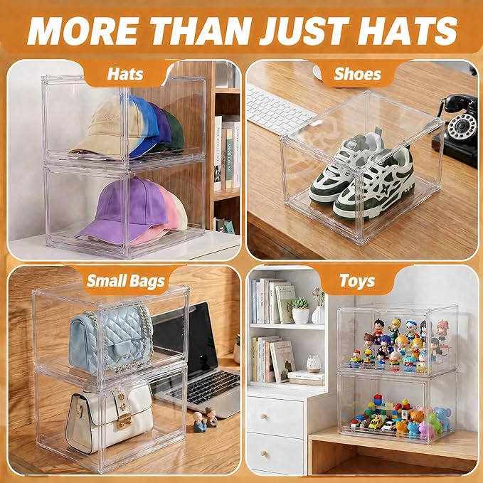 Hat Organizer for Baseball Caps, Clear Stackable Hat Storage Box with Magnetic Door & Sliding Drawer, Large Capacity, Dustproof Display Case for Closet 13