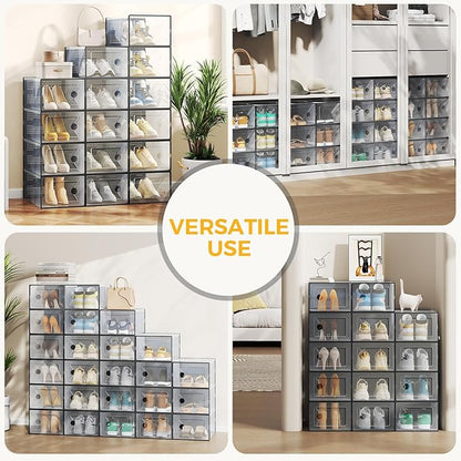 Sweetcrispy Shoe Storage Boxes, Clear Plastic Stackable Shoe Organizer with Lids for Closet, Foldable Shoe Rack Sneaker Container, Under Bed and Entryway, 15 Pack, Black