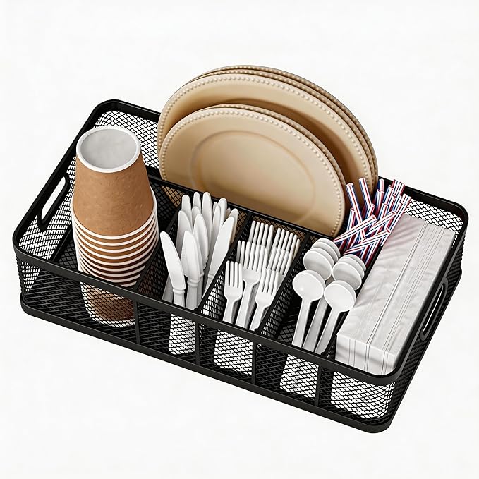 Paper Plate Organizer and Utensil Caddy for Countertop with Handle, 6-Compartment Paper Plate Holder and Silverware Tray for Cups, Forks, Spoons, Napkins - Ideal for Party, Camping, Picnic