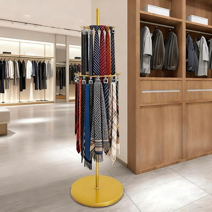 Gold Belt Display Scarf &Ties Rack Stand, 360° Rotation Floor Mounted Belt Hanger, Metal Men Closet Belt Organizer Holder Jewelry Necklaces Purse Hanger Shelf for Clothing Store Retail & Home