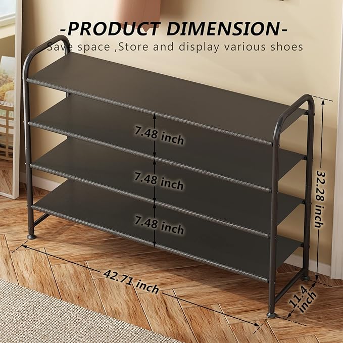 INGIORDAR Shoe Rack 4 Tier Long Storage Organizer Wide Metal Shoe Shelf for Closet Entryway Black