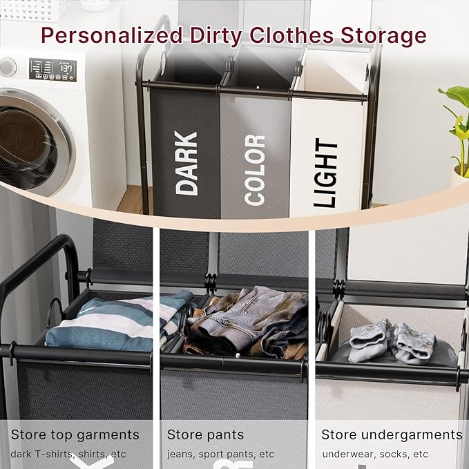 180L Laundry Sorter 3 Section – Heavy Duty Rolling Laundry Basket with Lockable Wheels and Lid, 3 Large Separate Removable Bags, Laundry Hamper Cart for Laundry Room Organizer (Multicolor)