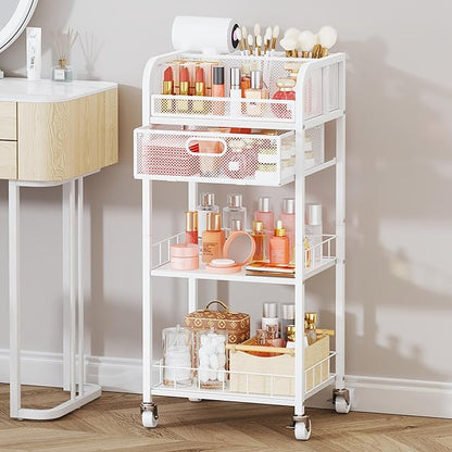 HapiRm Makeup Organizer Storage Cart - 4 Tier Skincare Make Up Storage with Drawer, Rolling Makeup Cart Vanity Organizer Cosmetics Display Cases Holder for Skin Care Perfume Nail Polish Brush