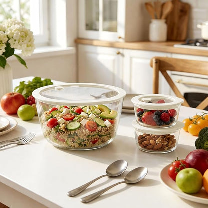 Urban Green Glass Food Container Set with Glass Lid, 3 Pack, Meal Prep Containers with Silicone Airtight Lid, 1 Large Glass Salad Bowl, 2 small dressing containers,Leakproof, 100% Plastic Free