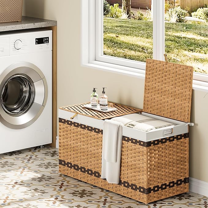 HOOBRO Storage Basket with Lid, 52.8 Gallon (200L) Wicker Storage Basket with 2 Separate Lid, Blanket Storage Bin with 2 Removable Liner Bags, for Bedroom, Laundry, Natural and Brown NL277CW01