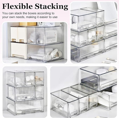 Clear Stackable Makeup Organizer, 3 Pack Plastic Drawer Storage with Handle for Vanity Bathroom Countertop, Transparent