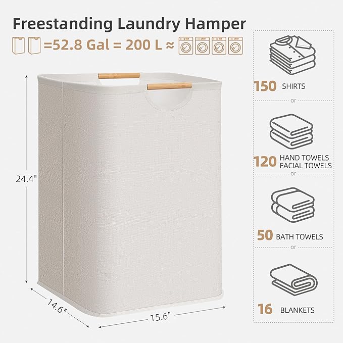 STORAGE MANIAC 2-Pack Large Laundry Hamper, 100L (26.4 Gal) Collapsible Laundry Basket with Bamboo Handles, Freestanding Waterproof Clothes Hamper for Laundry Room, Bedroom, Dorm, Towels, Toys, White