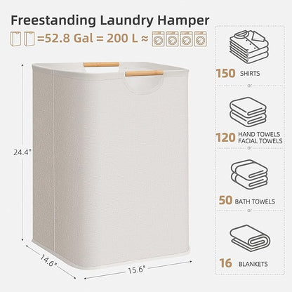 STORAGE MANIAC 2-Pack Large Laundry Hamper, 100L (26.4 Gal) Collapsible Laundry Basket with Bamboo Handles, Freestanding Waterproof Clothes Hamper for Laundry Room, Bedroom, Dorm, Towels, Toys, White