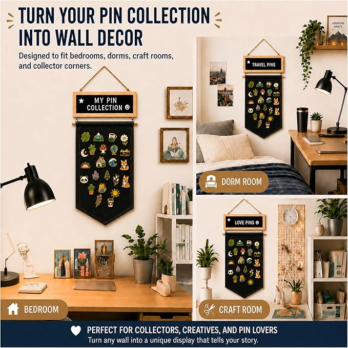 Enamel Pin Display Banner with Customizable Felt Letter Board and 170+ Letters, Hanging Canvas Pin Organizer for Lapel Pins, Brooches & Badges, Wall Display for Pin Collectors, Bedroom Dorm Decor