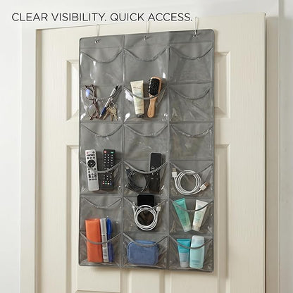 Hanging Shoe Organizer for Closet, Over Door Storage with 18 Clear PVC Pockets Large Baseball Caps Bag, Gray