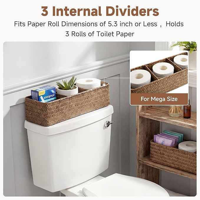 StorageWorks Toilet Paper Baskets for Shelves, 3-Section Large Wicker Baskets Storage, Seagrass Back of Toilet Basket for Organizing Tank Topper, Living Room, Table Decor, 2 Pack