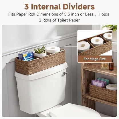 StorageWorks Toilet Paper Baskets for Shelves, 3-Section Large Wicker Baskets Storage, Seagrass Back of Toilet Basket for Organizing Tank Topper, Living Room, Table Decor, 2 Pack