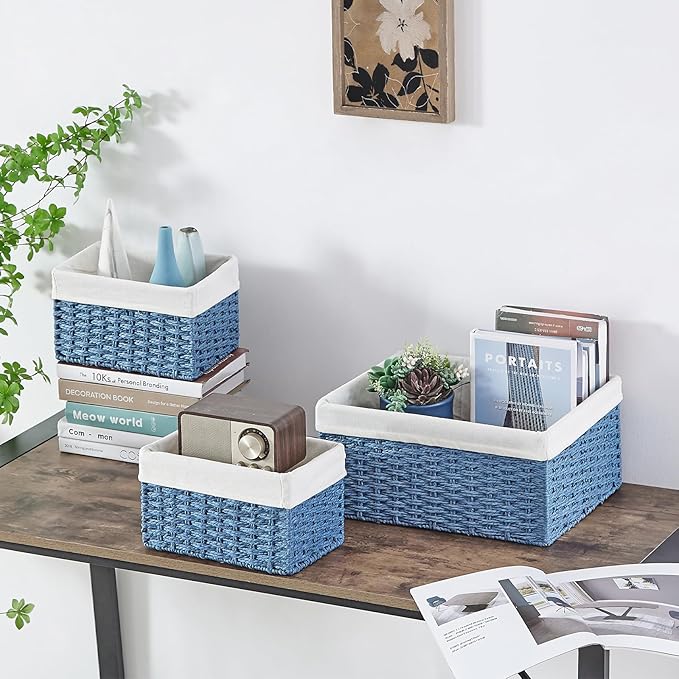 Vagusicc Wicker Basket, Set of 3 Hand-woven Storage Baskets for Organizing, Rectangle Wicker Storage Basket Bins with Handles, Small Toilet Paper Storage Baskets for Shelves & Decor, Blue