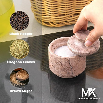 MARBLOUS KRAFTS Marble Salt Cellar with Lid 3" Inch Marinara Salt Holder for Counter, Salt Box & Stone Salt Container, Perfect Mother’s Day Gift, Ideal for Seasoning Spice Jars