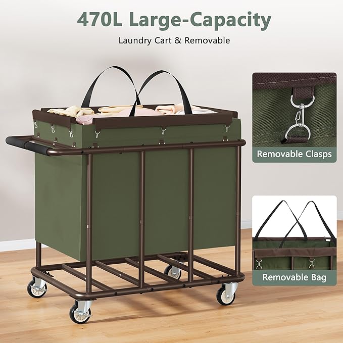FAVOOSTY 470L Heavy Duty Commercial Laundry Cart with Wheels,Industrial Rolling Laundry Hamper, Extra Large Laundry Basket, Metal Frame for Hotel/Hospital/Home, 440lbs (Green)